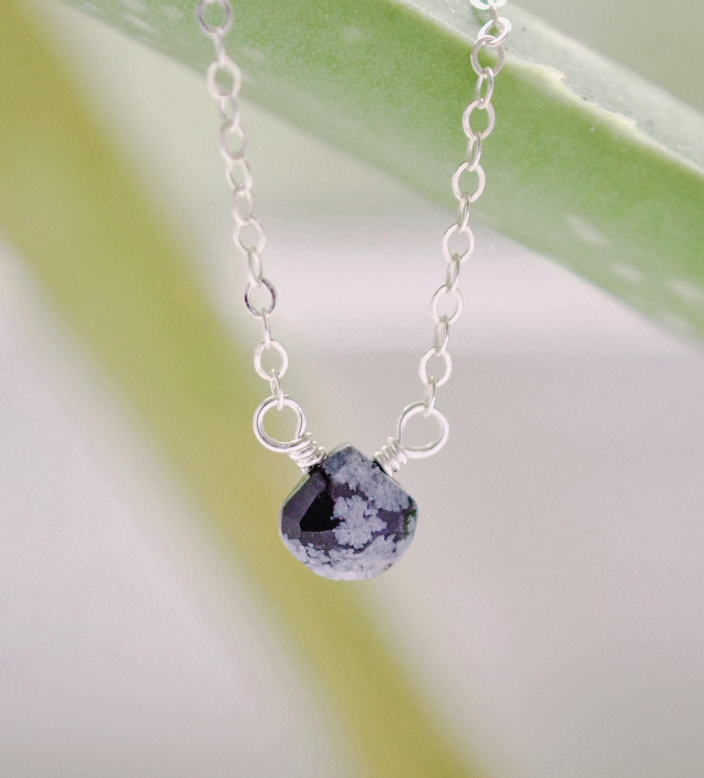Black Snowflake Obsidian Necklace, Sterling Silver or Gold Filled