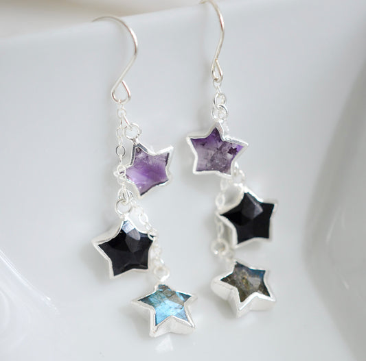 Star Gazer Earrings: Amethyst, Onyx, Labradorite