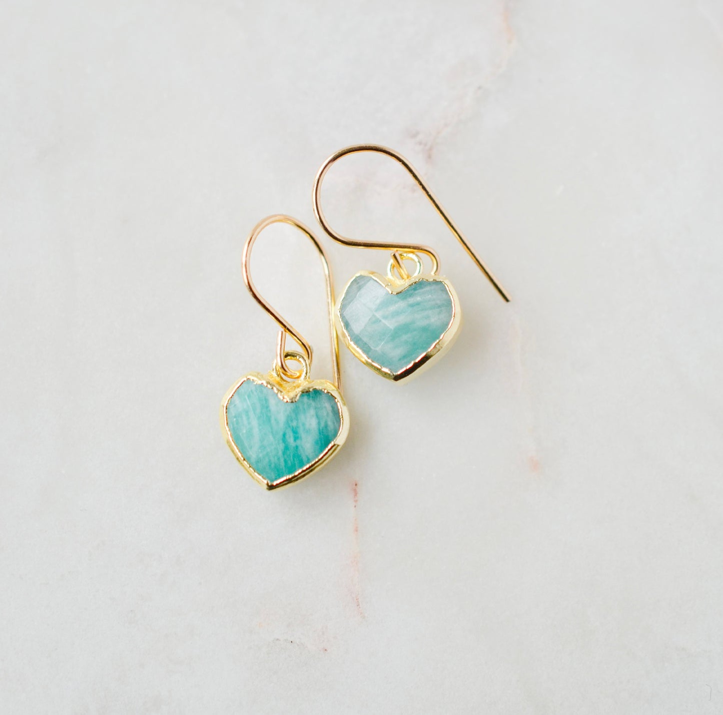 Aqua blue Amazonite gemstone heart earrings in gold. Natural Stones.