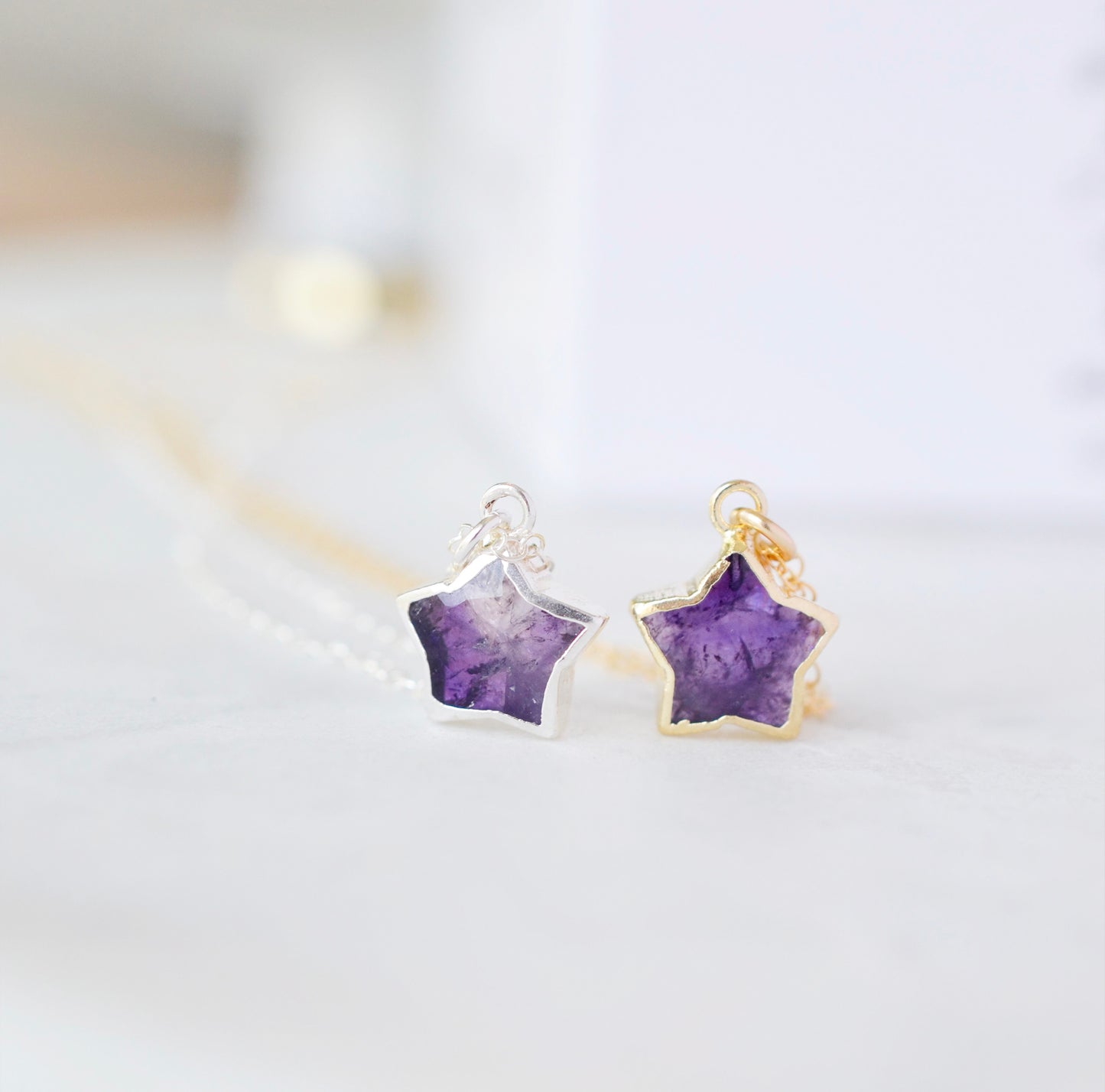 Handmade real purple amethyst stone star pendant set on a 14k gold filled or sterling silver chain.