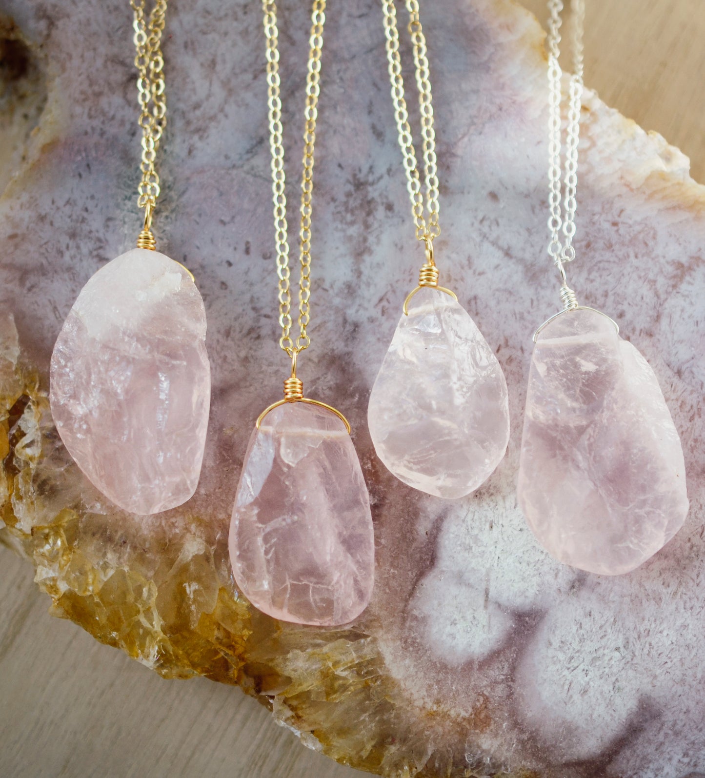 Organic Pale Pink Rose Quartz Pendant Necklace