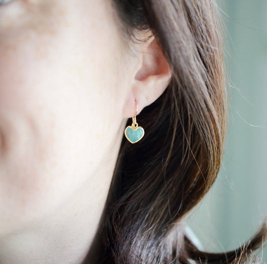 Aqua blue Amazonite gemstone heart earrings in gold. Modeled image. Natural Stones.