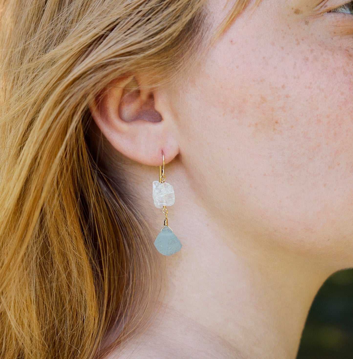 Aquamarine and Crystal Quartz Earrings, 14k Gold Filled or Sterling Silver, Natural Gemstone Dangles, March Birthstone, Crystal Drops, Raw Stone Earrings