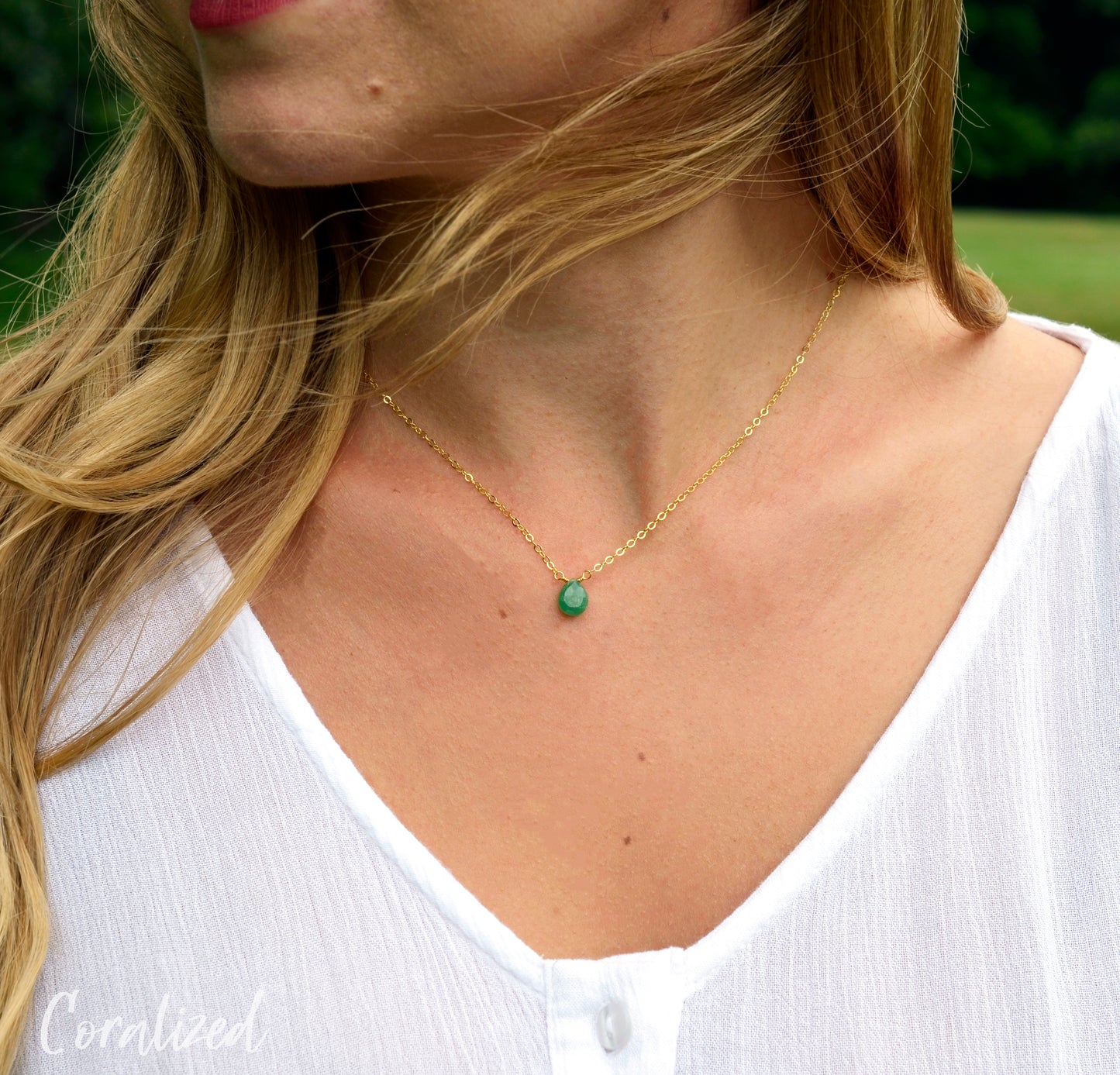 Chrysoprase necklace, green crystal pendant, chrysoprase jewelry, gold, sterling silver, crystal