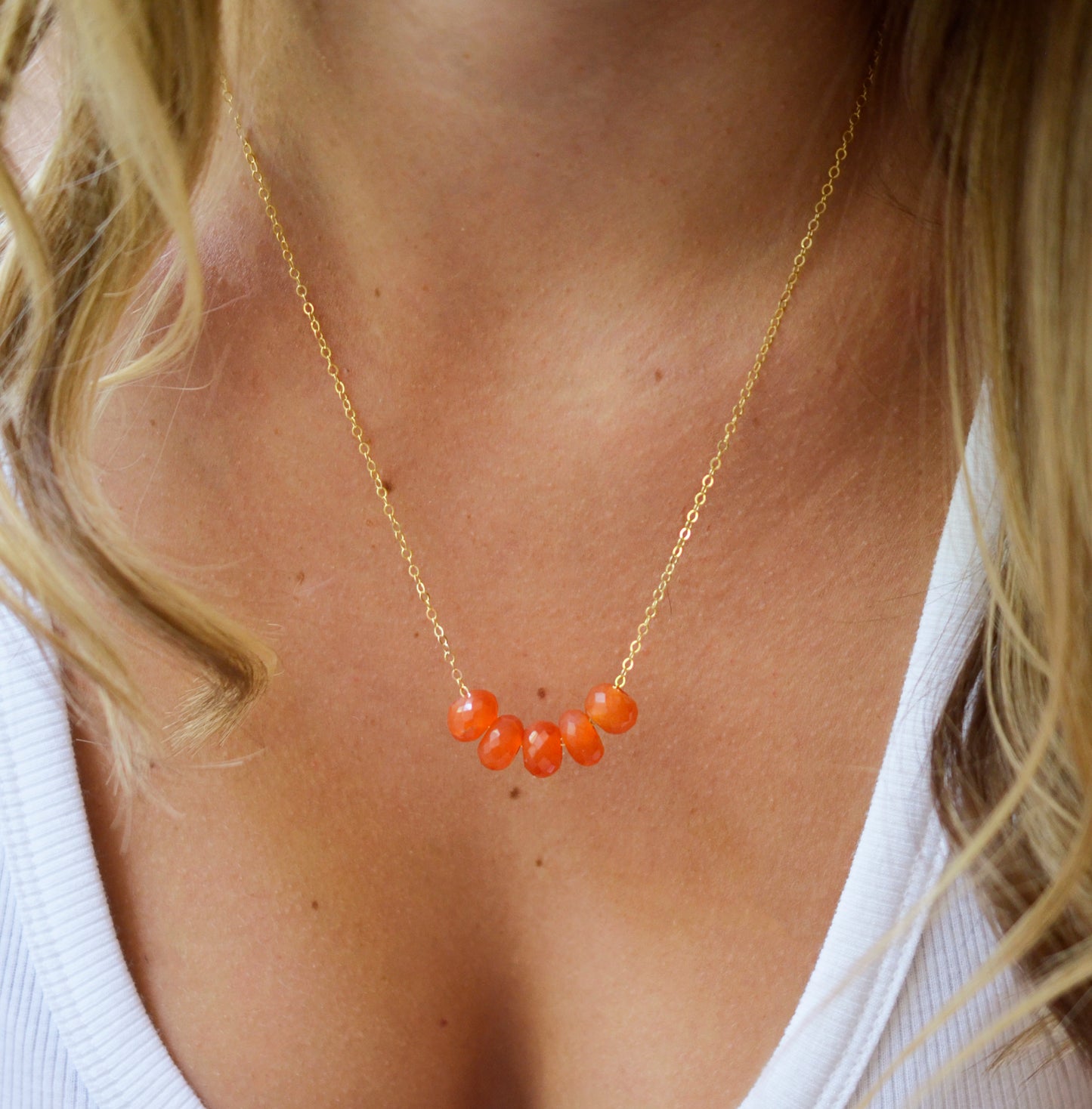 Five Stone Carnelian Necklace in Sterling Silver or Gold Filled