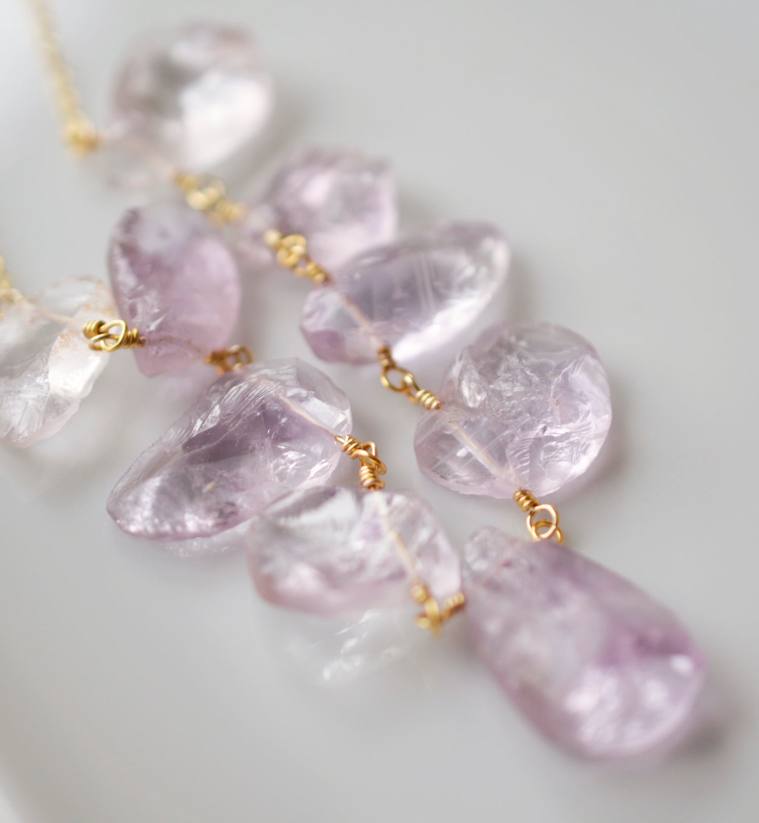 large amethyst necklace, raw pale purple amethyst crystals, gold, sterling silver, raw