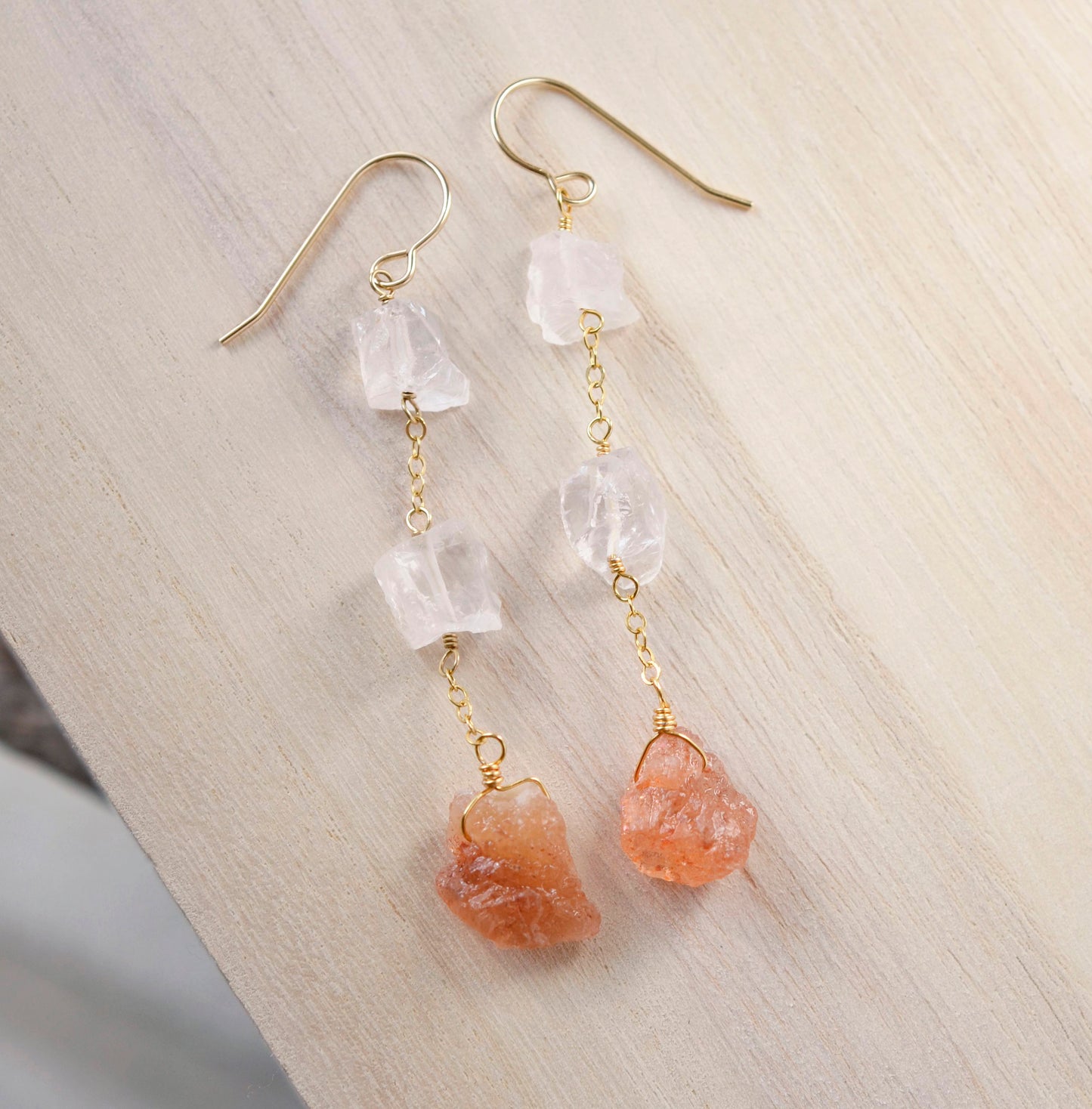 Raw Sunstone and Crystal Quartz Earrings