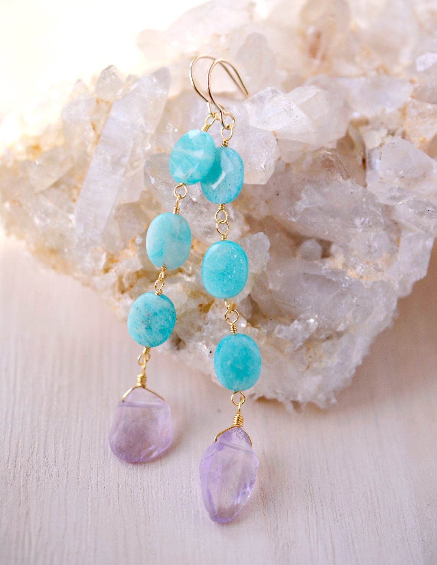 Amazonite and Amethyst Dangle Earrings in Sterling Silver or 14k Gold Filled