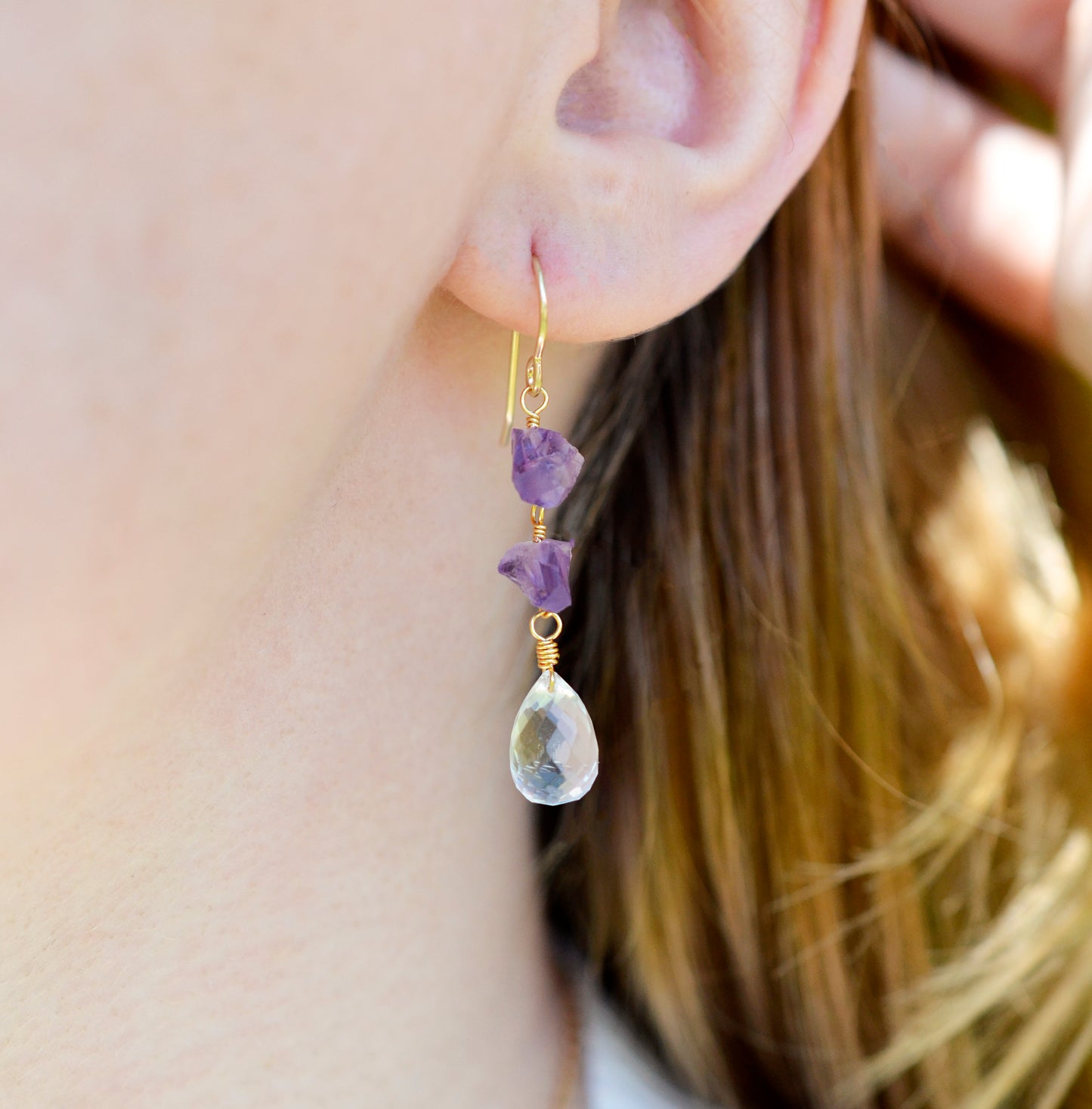 Raw Amethyst and Crystal Quartz Earrings, 14k Gold Filled or Sterling Silver, Natural Crystal Gemstone Dangles, February Birthstone Jewelry