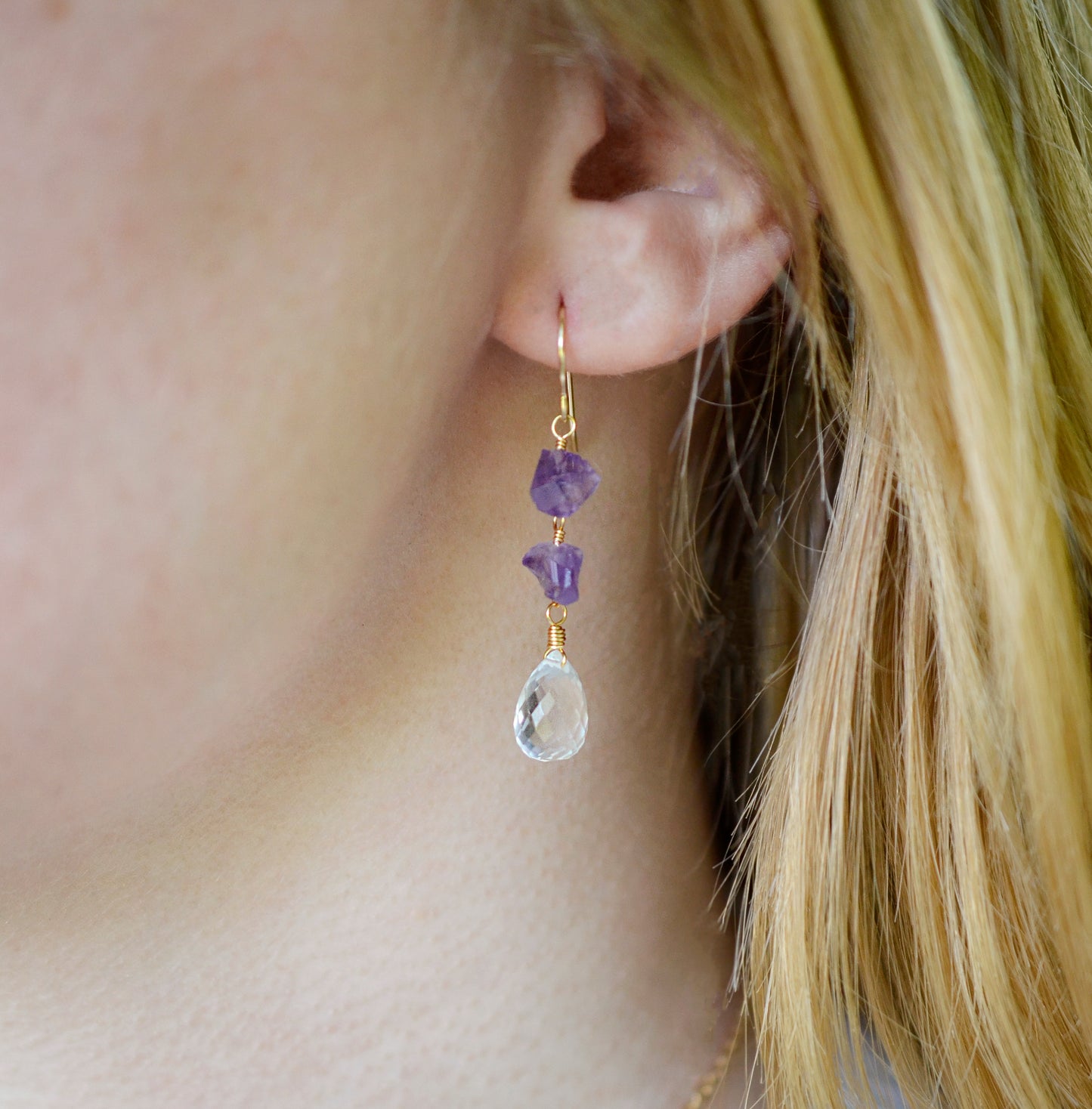 Raw Amethyst and Crystal Quartz Earrings, 14k Gold Filled or Sterling Silver, Natural Crystal Gemstone Dangles, February Birthstone Jewelry