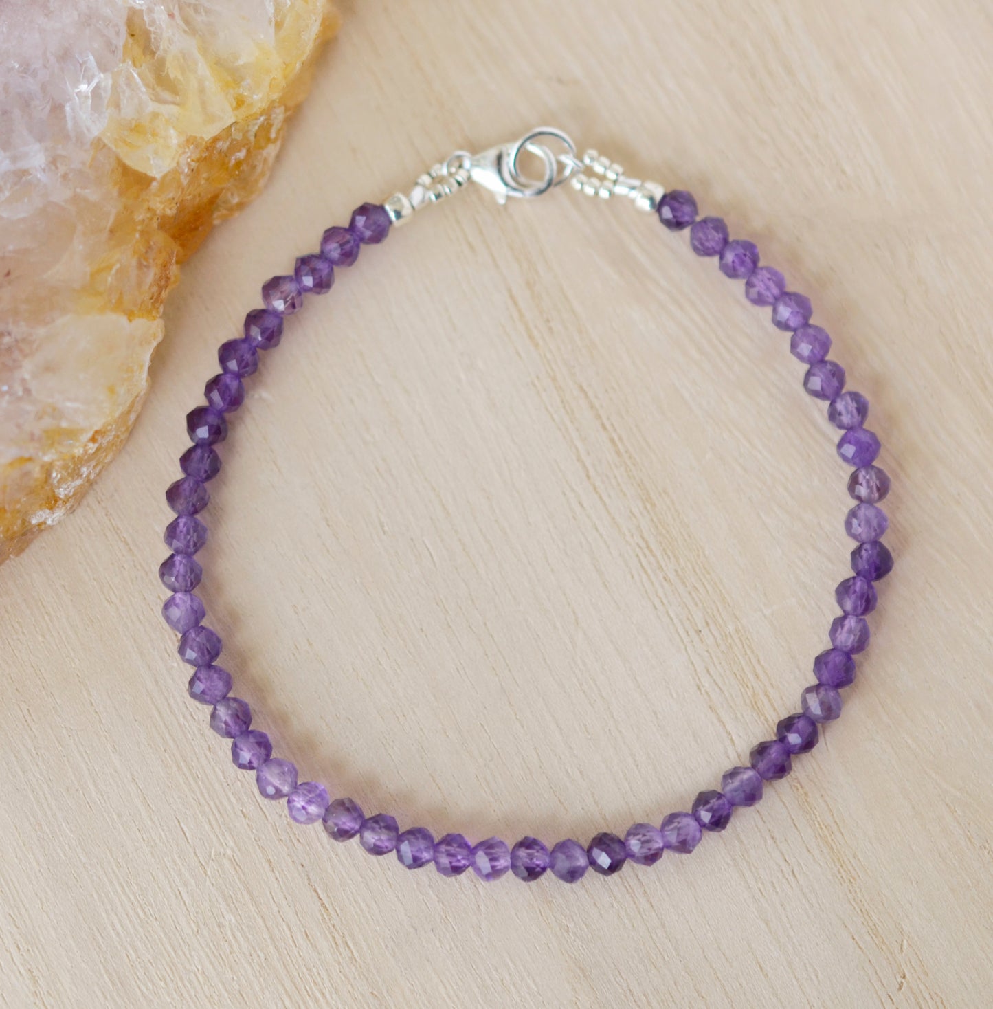 Purple Amethyst bracelet handmade with small faceted gemstones. Sterling Silver or 14k Gold Filled.