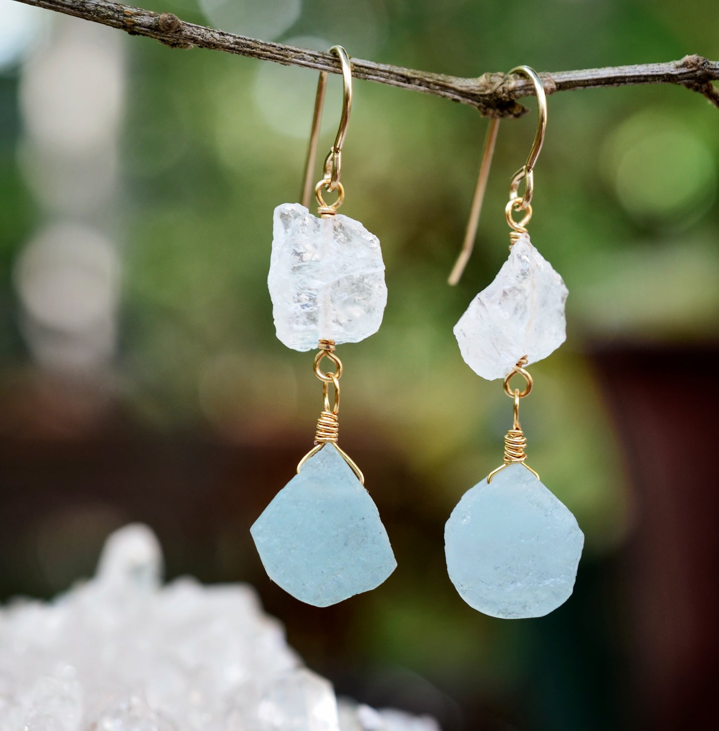 Aquamarine and Crystal Quartz Earrings, 14k Gold Filled or Sterling Silver, Natural Gemstone Dangles, March Birthstone, Crystal Drops, Raw Stone Earrings