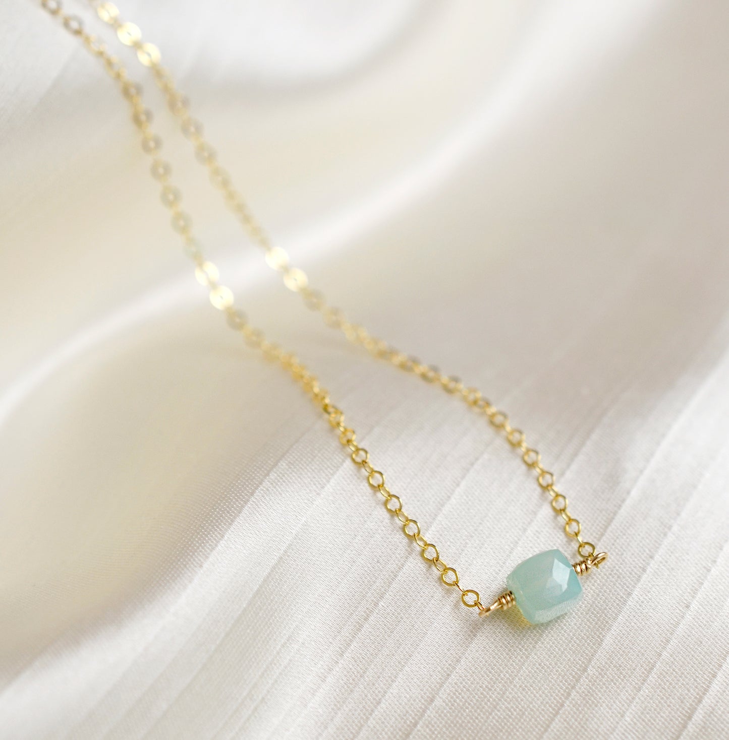 Aqua Blue Chalcedony Necklace, Cube Shape, Sterling Silver or 14k Gold Filled