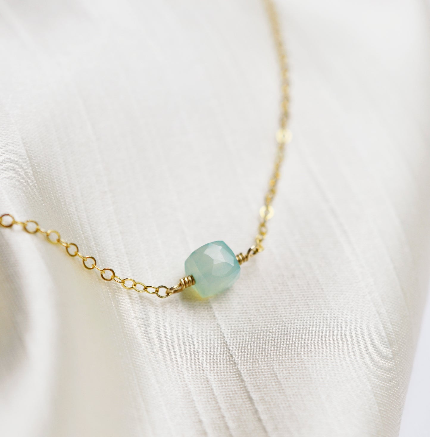 Aqua Blue Chalcedony Necklace, Cube Shape, Sterling Silver or 14k Gold Filled