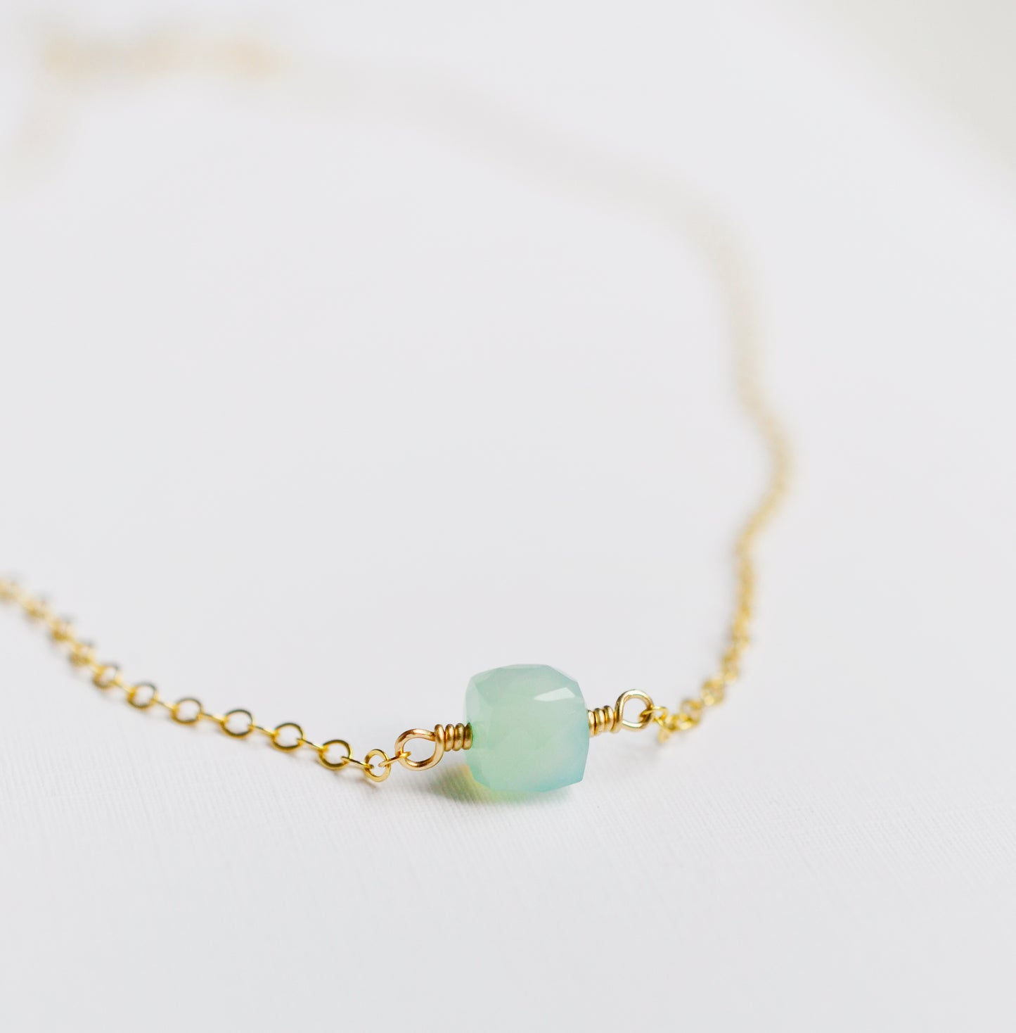 Aqua Blue Chalcedony Necklace, Cube Shape, Sterling Silver or 14k Gold Filled