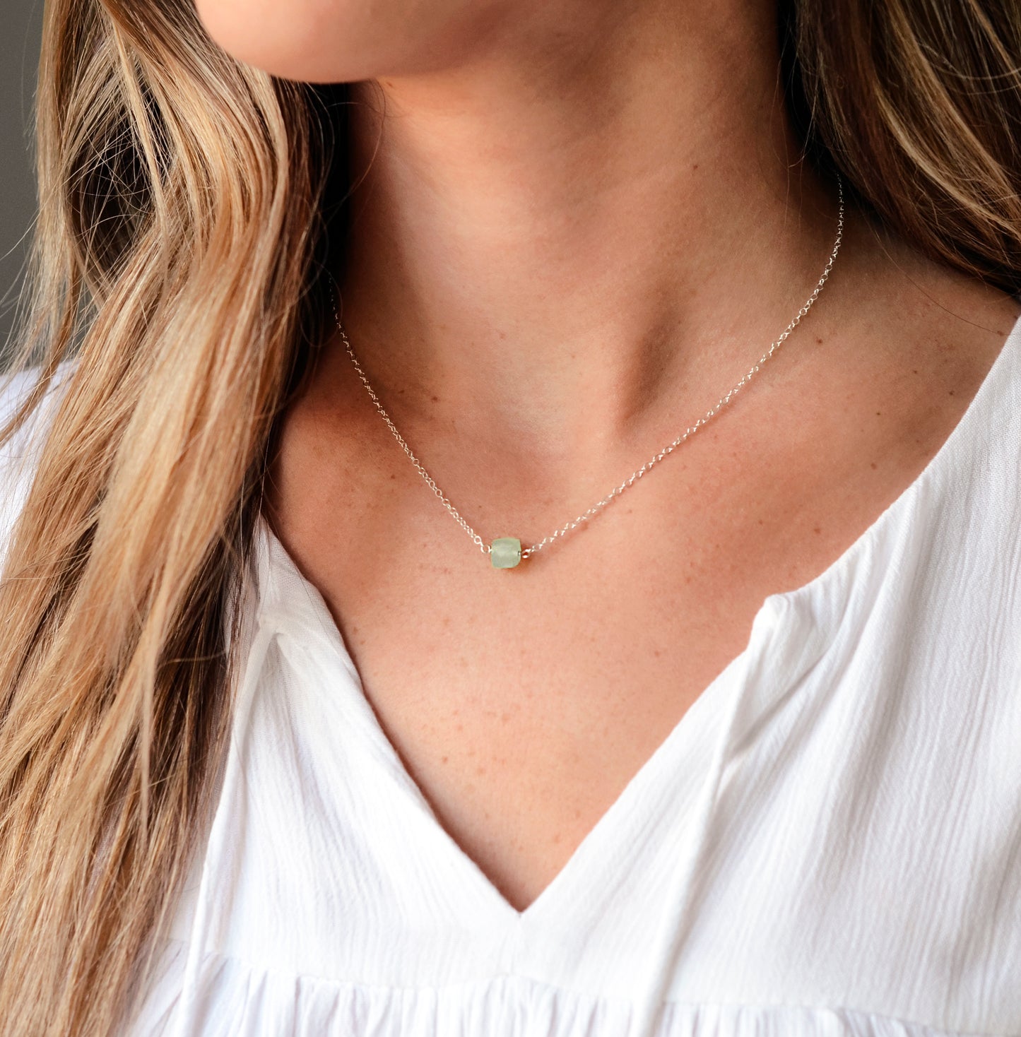 Aqua Blue Chalcedony Necklace, Cube Shape, Sterling Silver or 14k Gold Filled