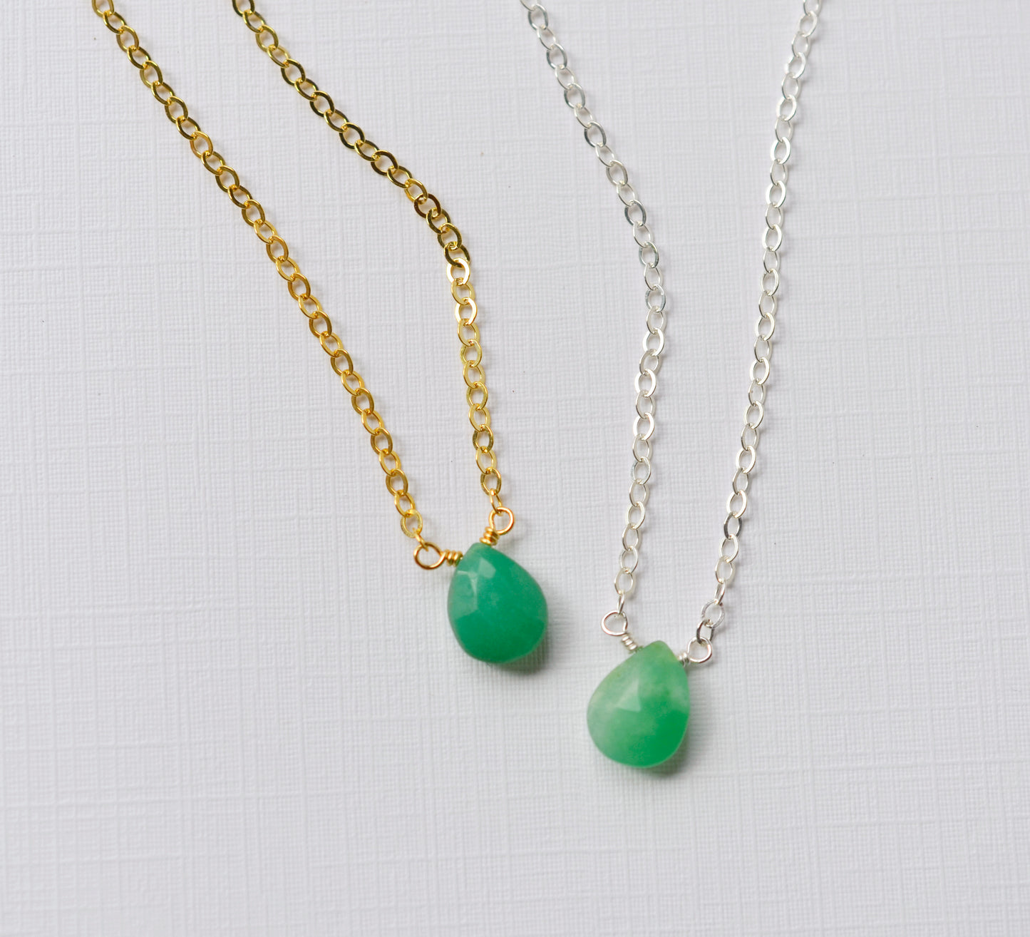 Chrysoprase necklace, green crystal pendant, chrysoprase jewelry, gold, sterling silver, crystal