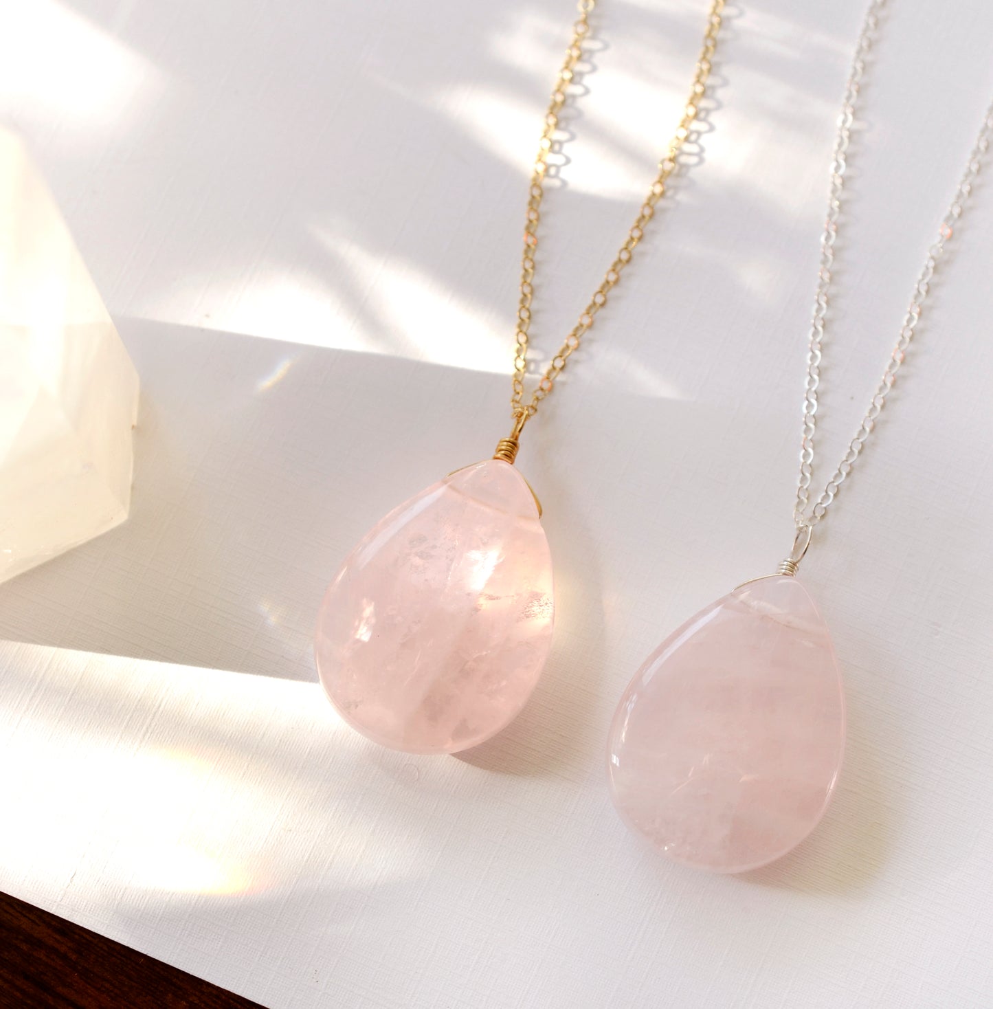 Large Rose Quartz Necklace Teardrop Pendant