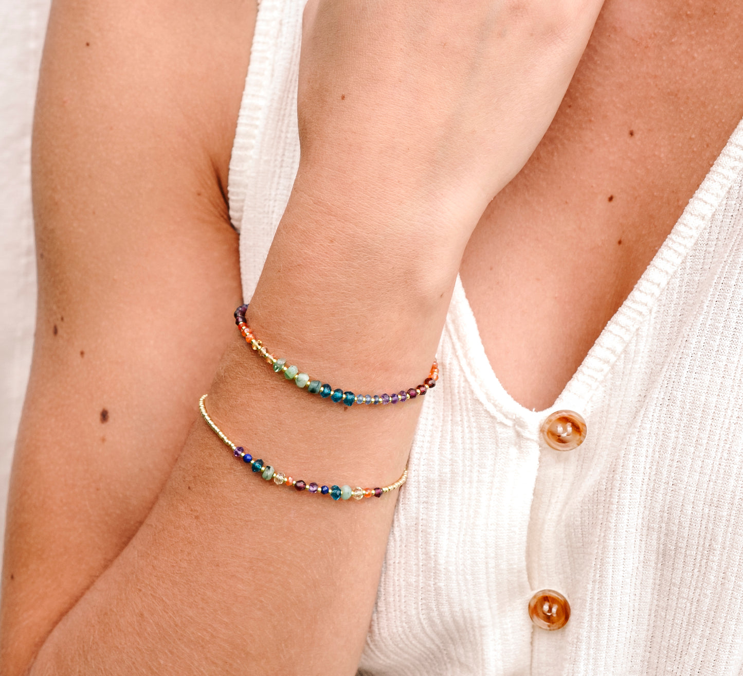 Real Gemstone Chakra or Rainbow Pride Bracelet. Handmade with garnet, carnelian, CZ, emerald, topaz, lapis lazuli, and amethyst in gold or silver.