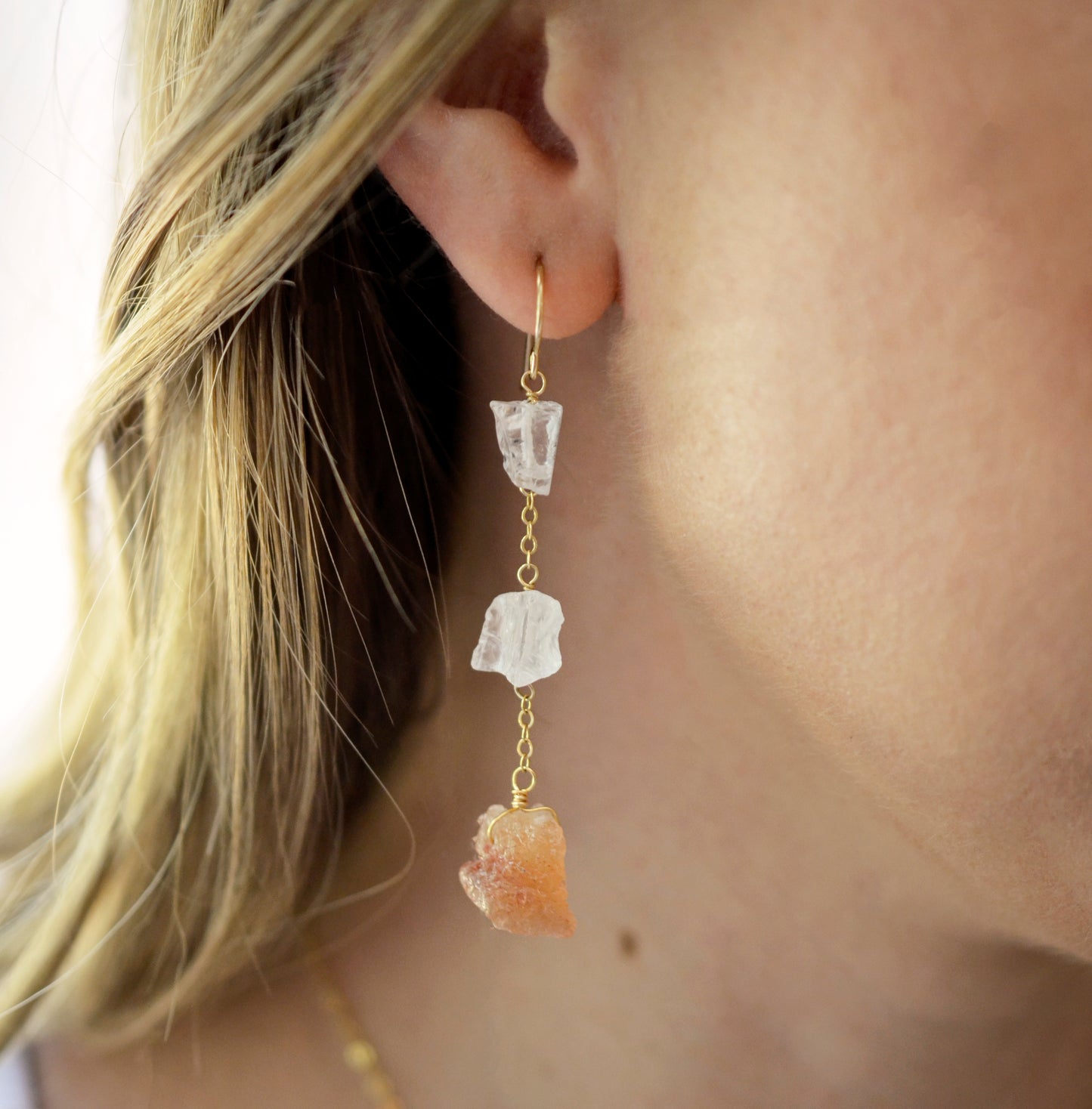 Raw Sunstone and Crystal Quartz Earrings