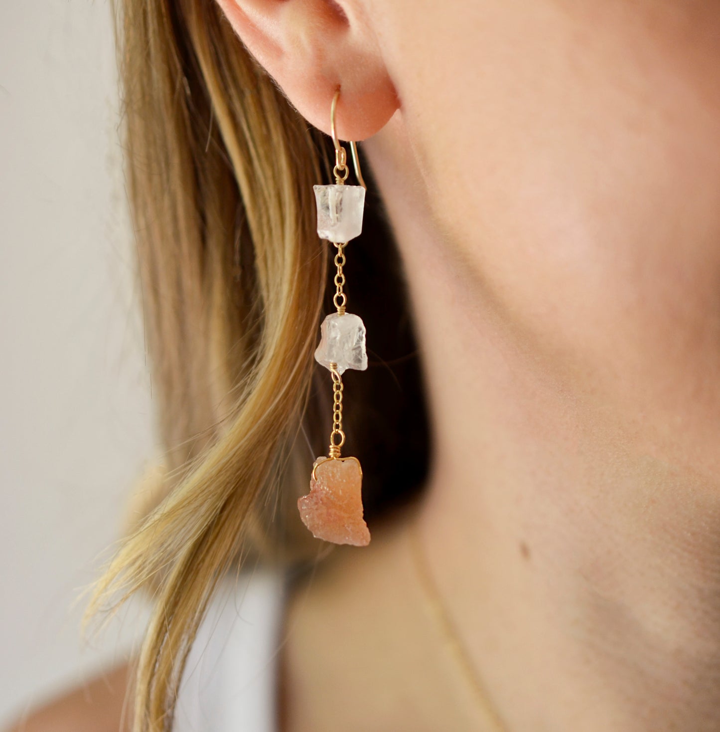 Raw Sunstone and Crystal Quartz Earrings