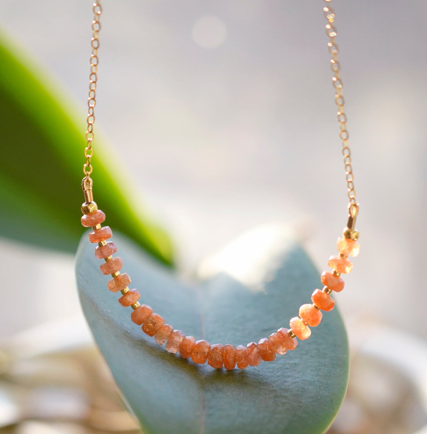 Beaded Sunstone Bar Necklace, Gold Filled, Sterling Silver