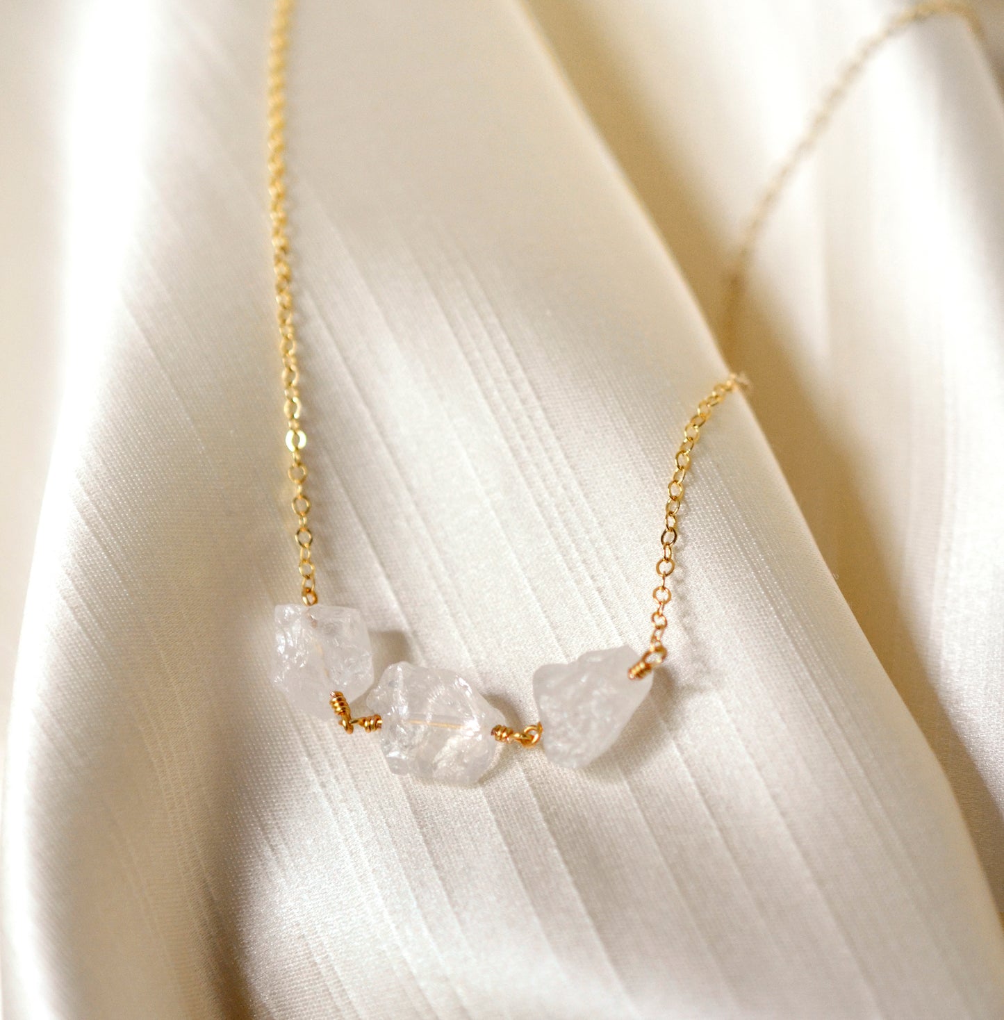 raw crystal quartz necklace, triple stone rock crystal jewelry, chain, silver, gold