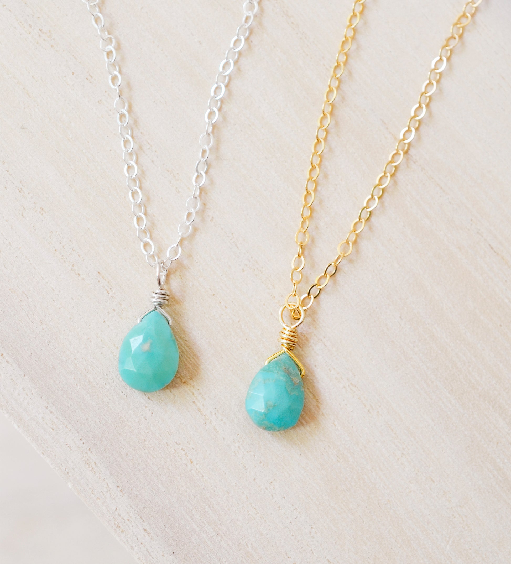 Sterling silver and 14k gold filled options shown with the blue turquoise teardrop pendant.