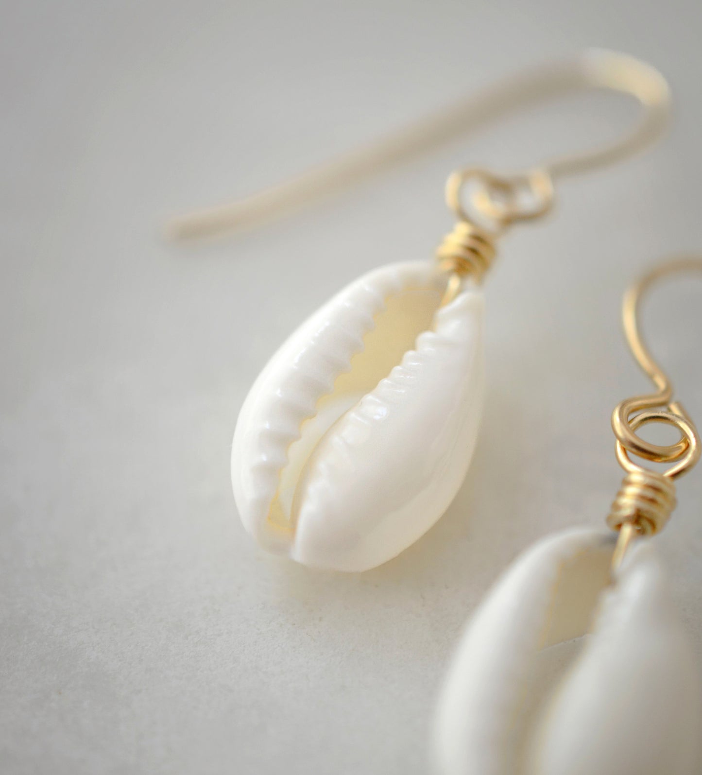 A natural off-white cowrie shell hangs from an earring hook. Shown in gold. Close up image.