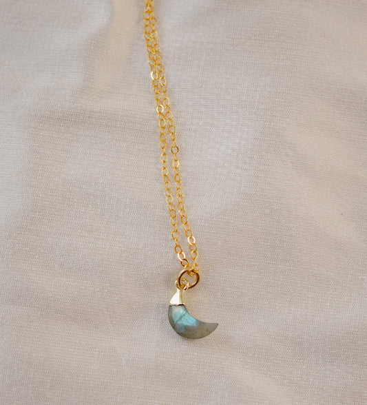 Labradorite Crescent Moon Necklace, Gold or Sterling Silver
