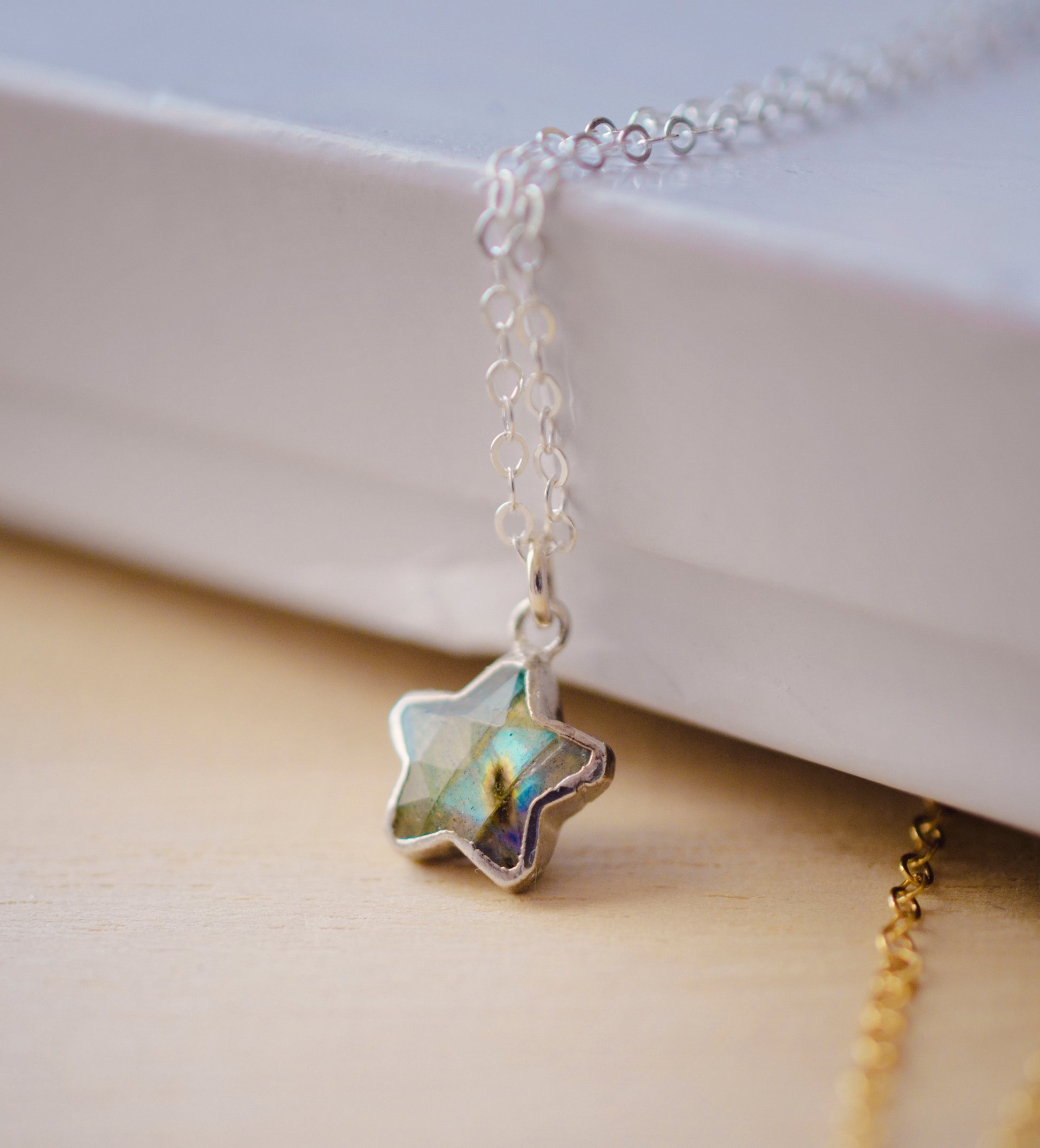 Labradorite star pendant in silver on a simple chain.