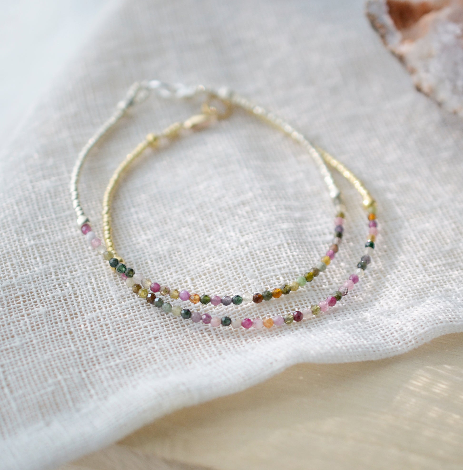 Gold and silver style of the multi-color tourmaline beaded bracelet.