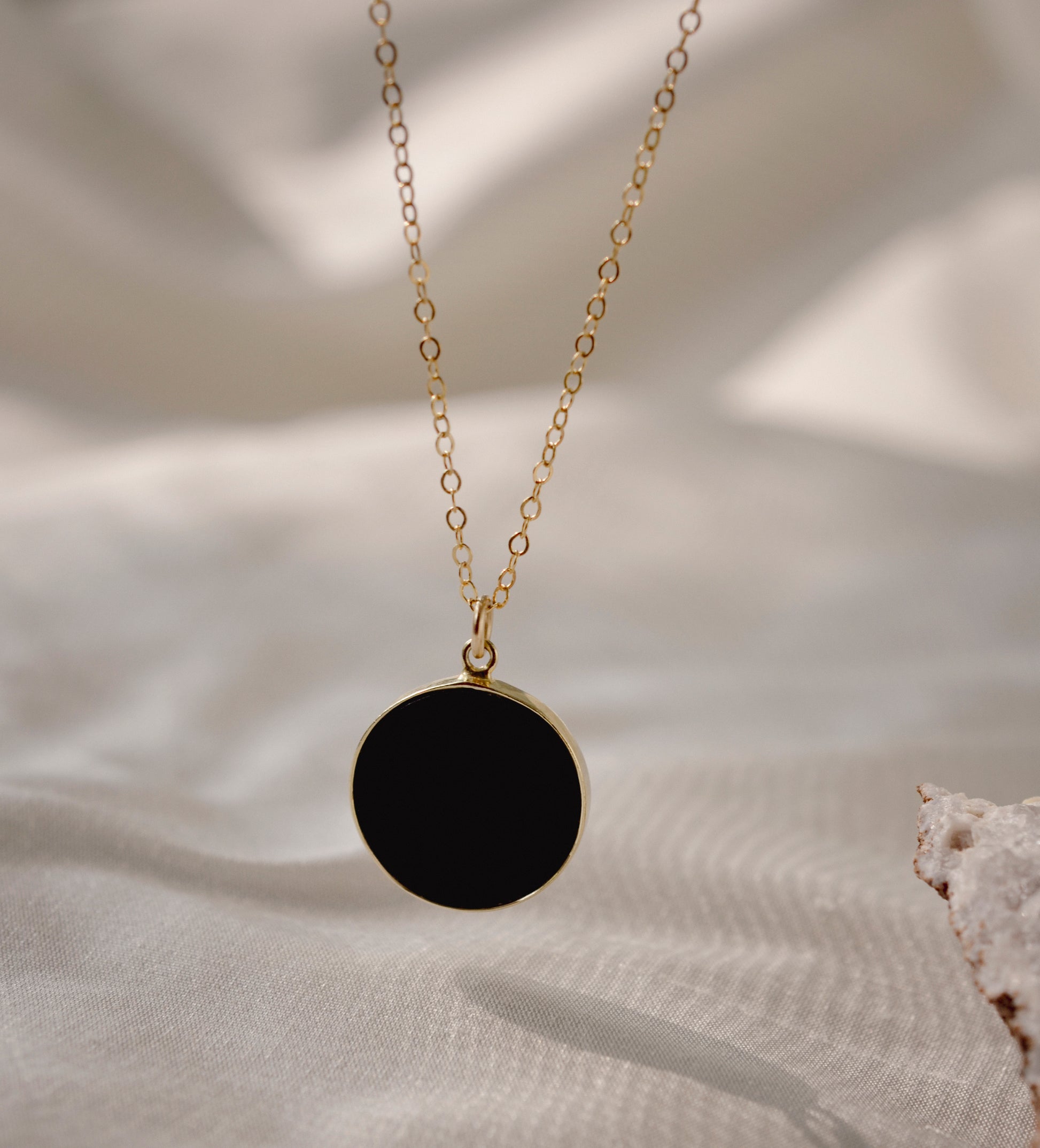 Black Onyx Circle Pendant, Handmade Onyx Necklace, Sterling Silver, 14k Gold Filled