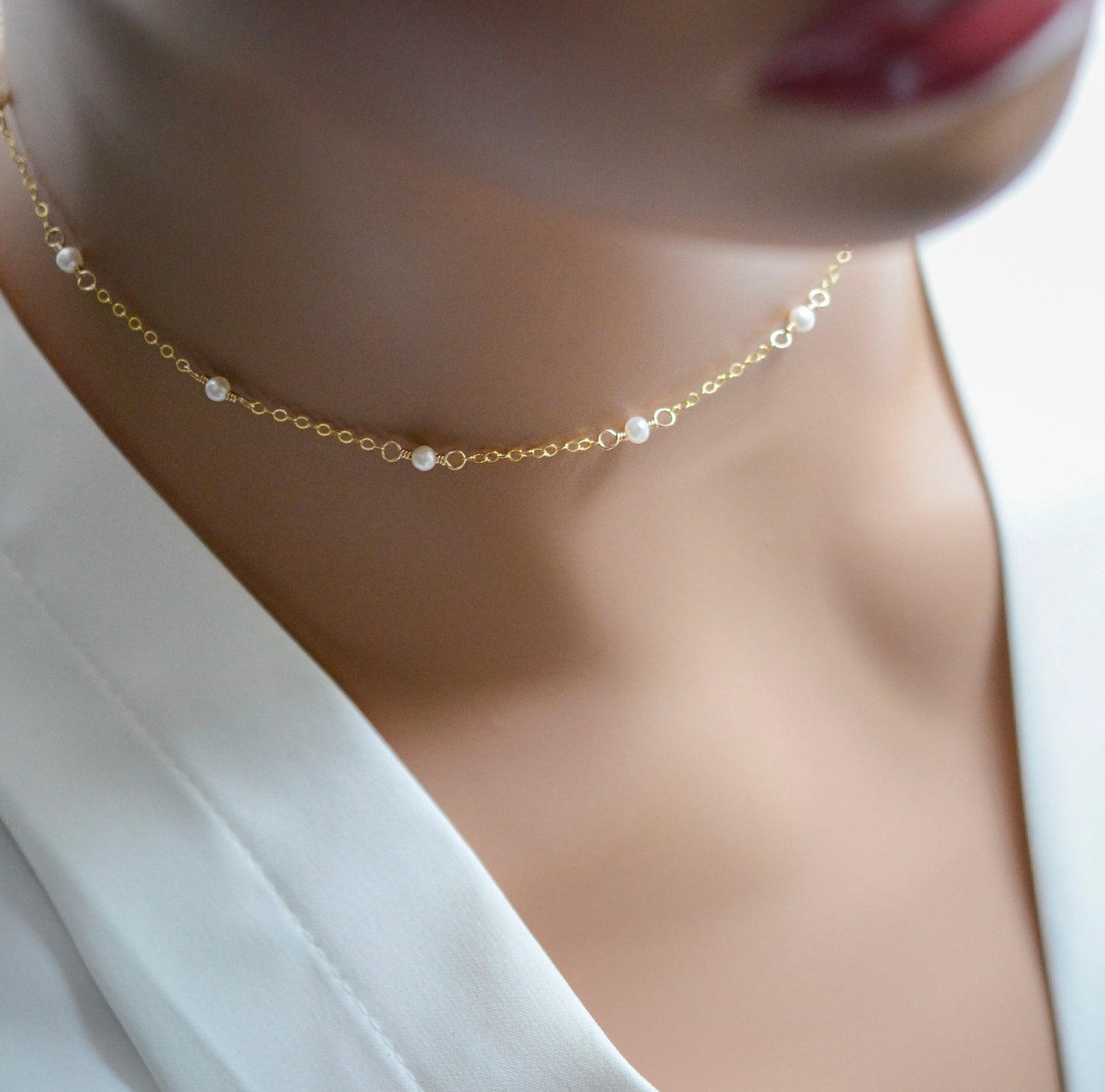 Dainty White Freshwater Pearl Chain Necklace, Gold Filled or Sterling Silver