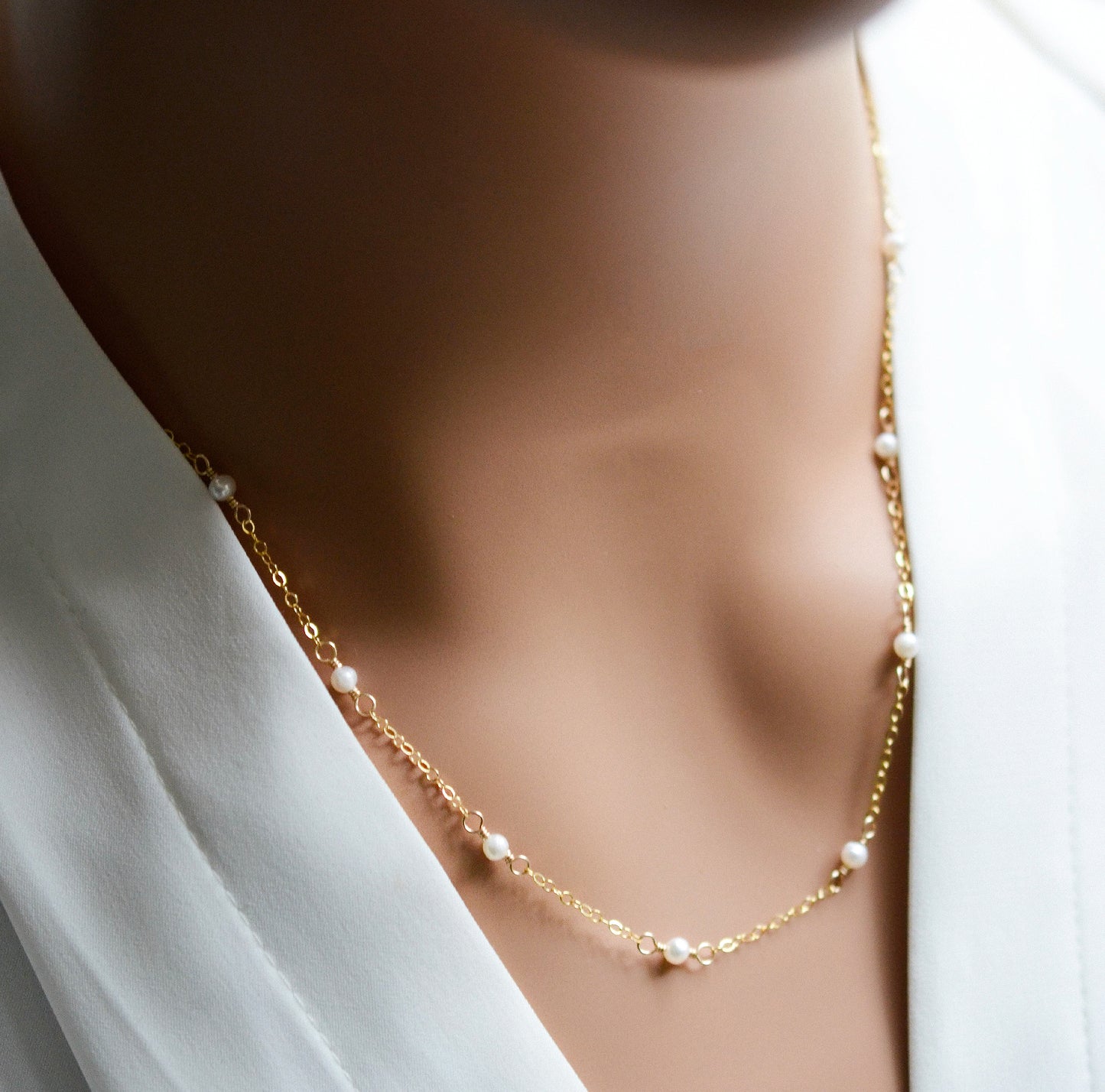 Dainty White Freshwater Pearl Chain Necklace