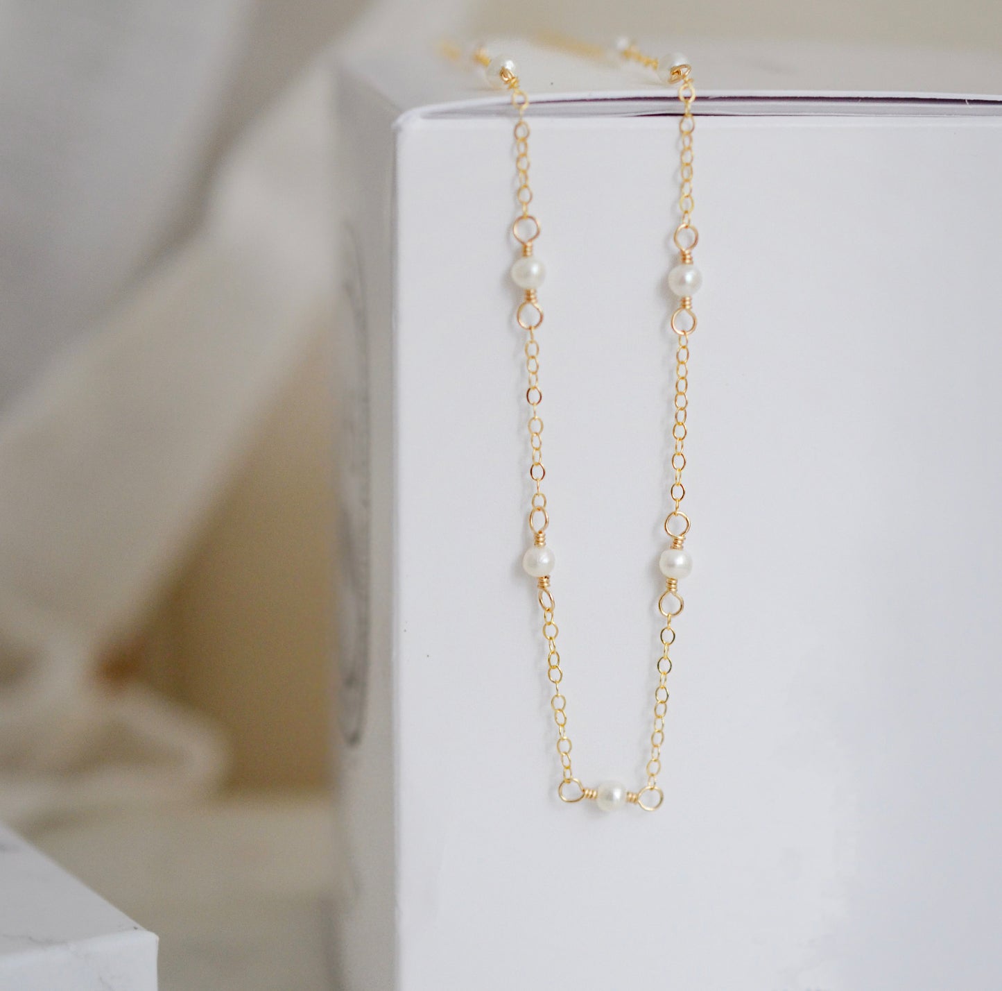 Dainty White Freshwater Pearl Chain Necklace, Gold Filled or Sterling Silver