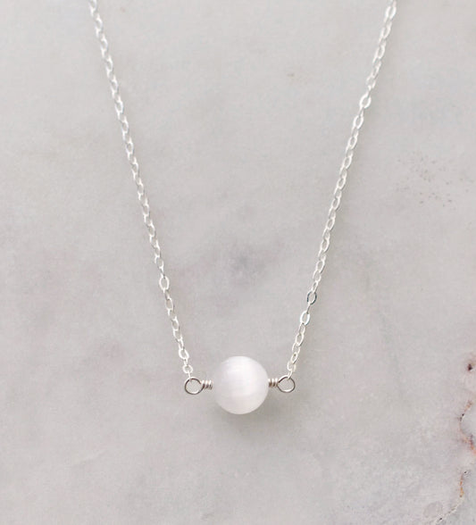 Natural Minimalist Selenite Round Necklace on Sterling Silver or Gold Filled Chain