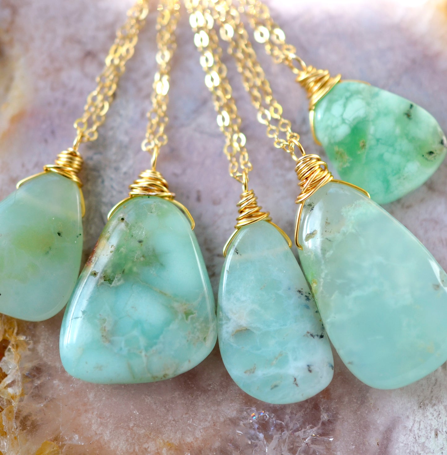 Green Chrysoprase Organic Pendant Necklace in Sterling Silver or 14k Gold Filled