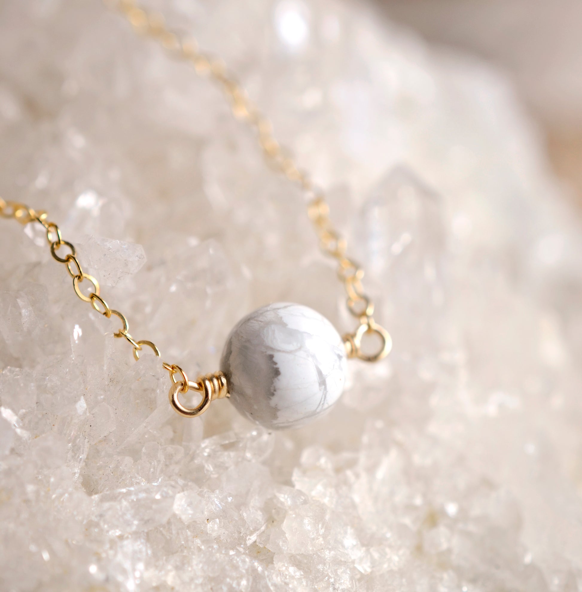Genuine White Howlite Gemstone Necklace, Sterling Silver, 14k Gold Filled, Minimalist Style