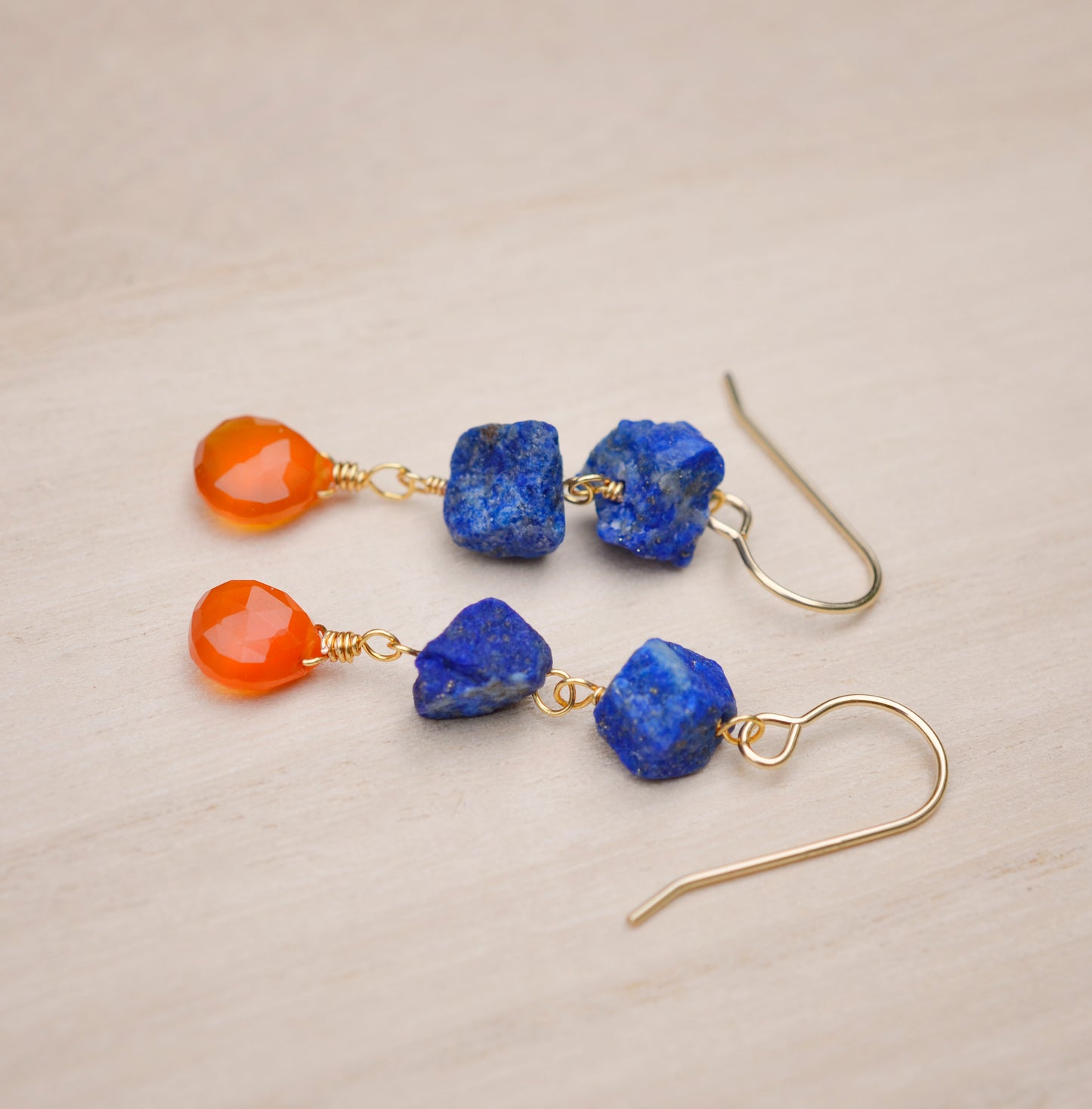 Lapis Lazuli and Carnelian Earrings, Raw Lapis Carnelian Dangles, Crystal Earrings, Sterling Silver or Gold Filled