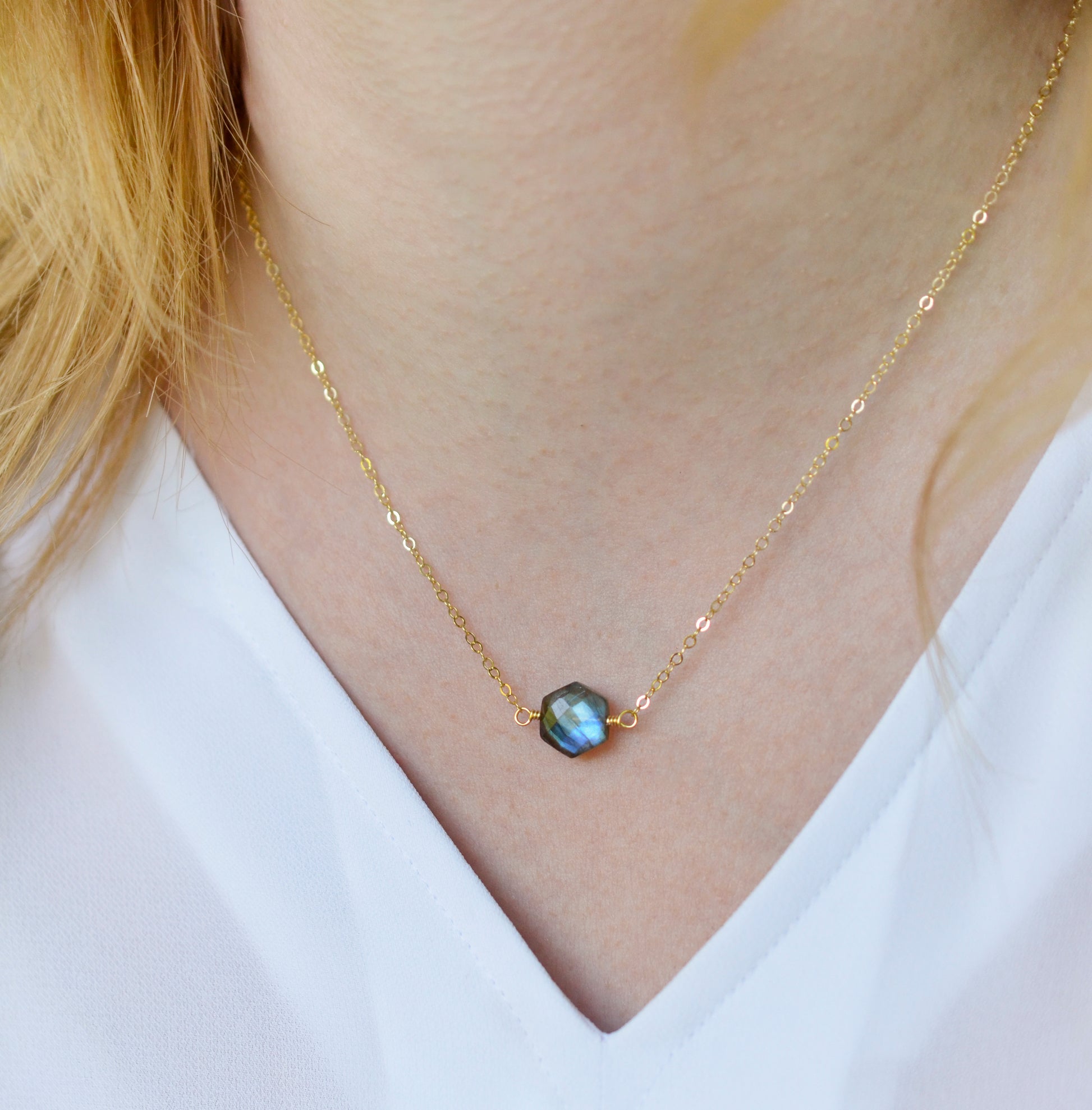 Blue-green flashing hexagonal Labradorite gemstone modeled in 14k gold filled and the fixed style.