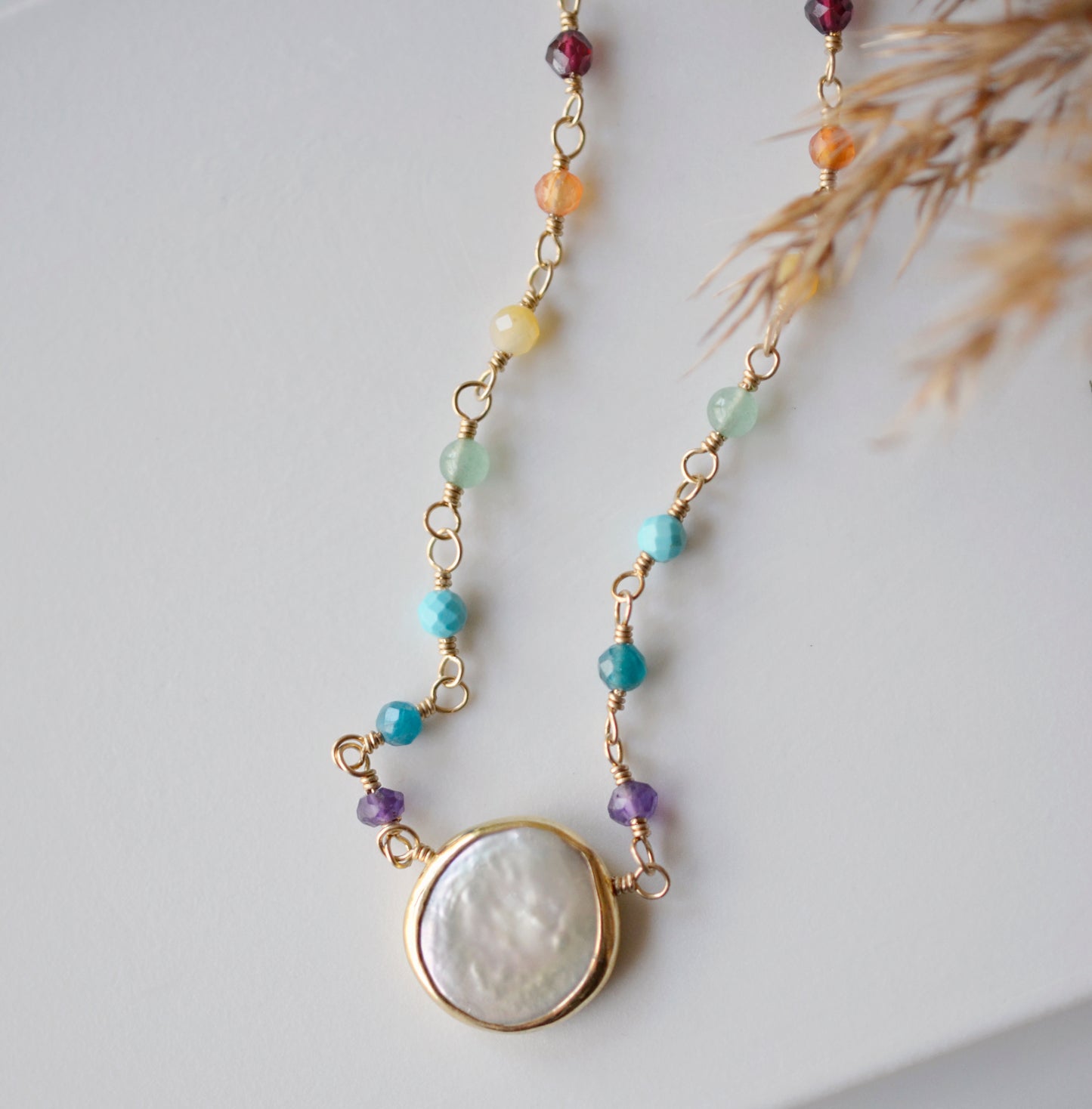 Stone Chakra Necklace with Freshwater Pearl
