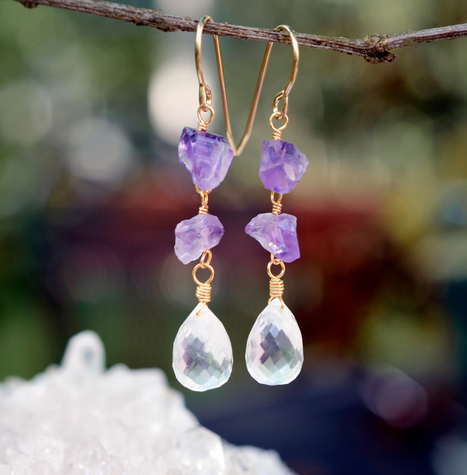 Raw Amethyst and Crystal Quartz Earrings, 14k Gold Filled or Sterling Silver, Natural Crystal Gemstone Dangles, February Birthstone Jewelry