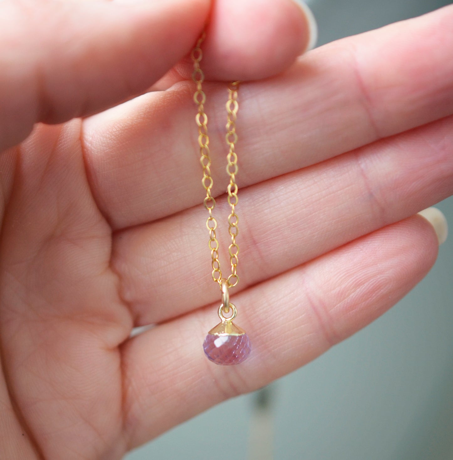 Tiny Minimalist Amethyst Drop Necklace, 14k Gold Filled