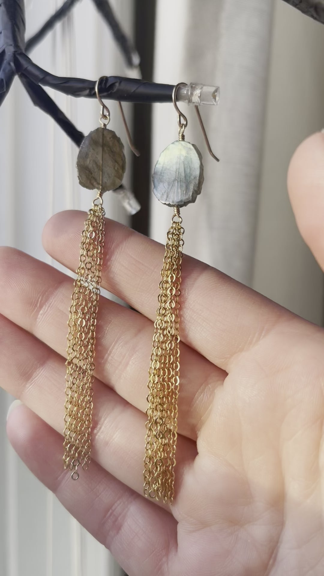 Labradorite Chain Tassel Earring, Sterling Silver or 14k Gold Filled, movie