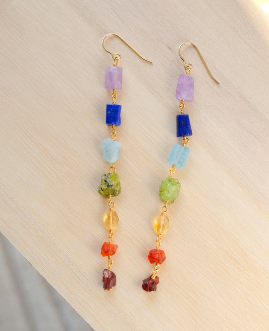 chakra earrings, gemstone chakra, rainbow jewelry, pride earrings, gold, silver