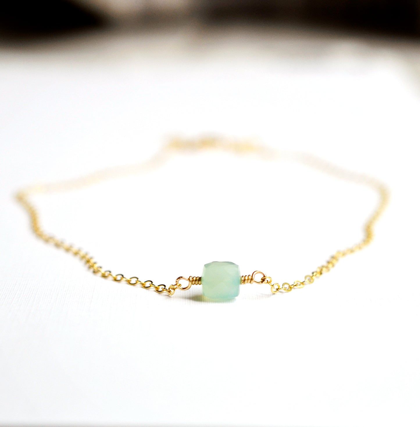 Aqua Blue Chalcedony Necklace, Cube Shape, Sterling Silver or 14k Gold Filled