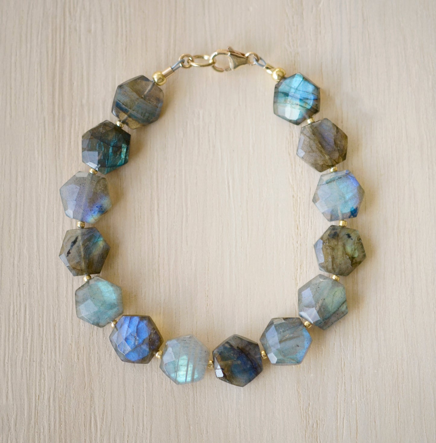 Labradorite Hexagonal Beaded Bracelet, Blue and Green Flash, Gold Filled, Sterling Silver