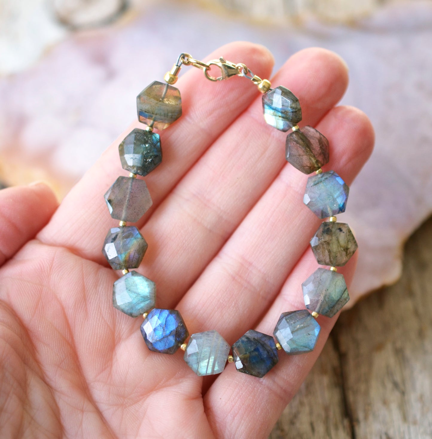 Labradorite Hexagonal Beaded Bracelet, Blue and Green Flash, Gold Filled, Sterling Silver