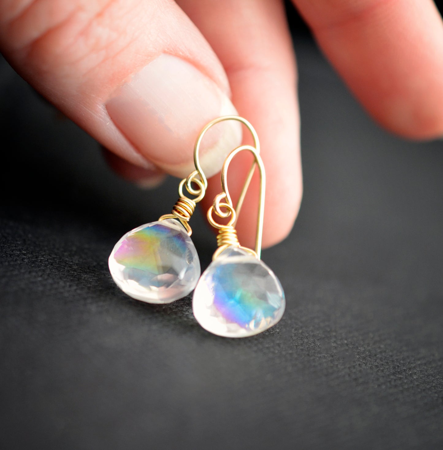 Rainbow Mystic Topaz Earring Dangles, Short Teardrop, Sterling Silver or Gold Filled